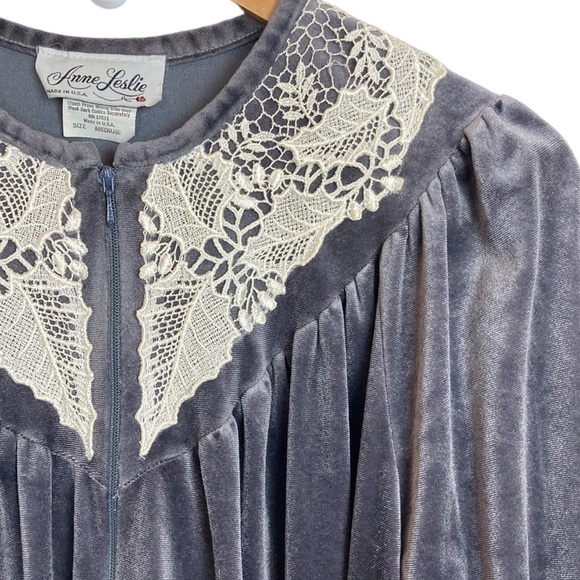 Gray Velour & Lace Zip Front Long Sleeve Long Robe - Picture 2 of 10